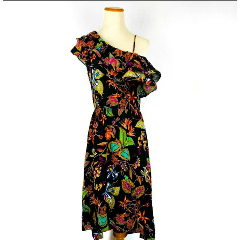 H & M Rainforest Floral Ruffle One Shoulder Viscose Dress size 6 - Picture 1 of 16